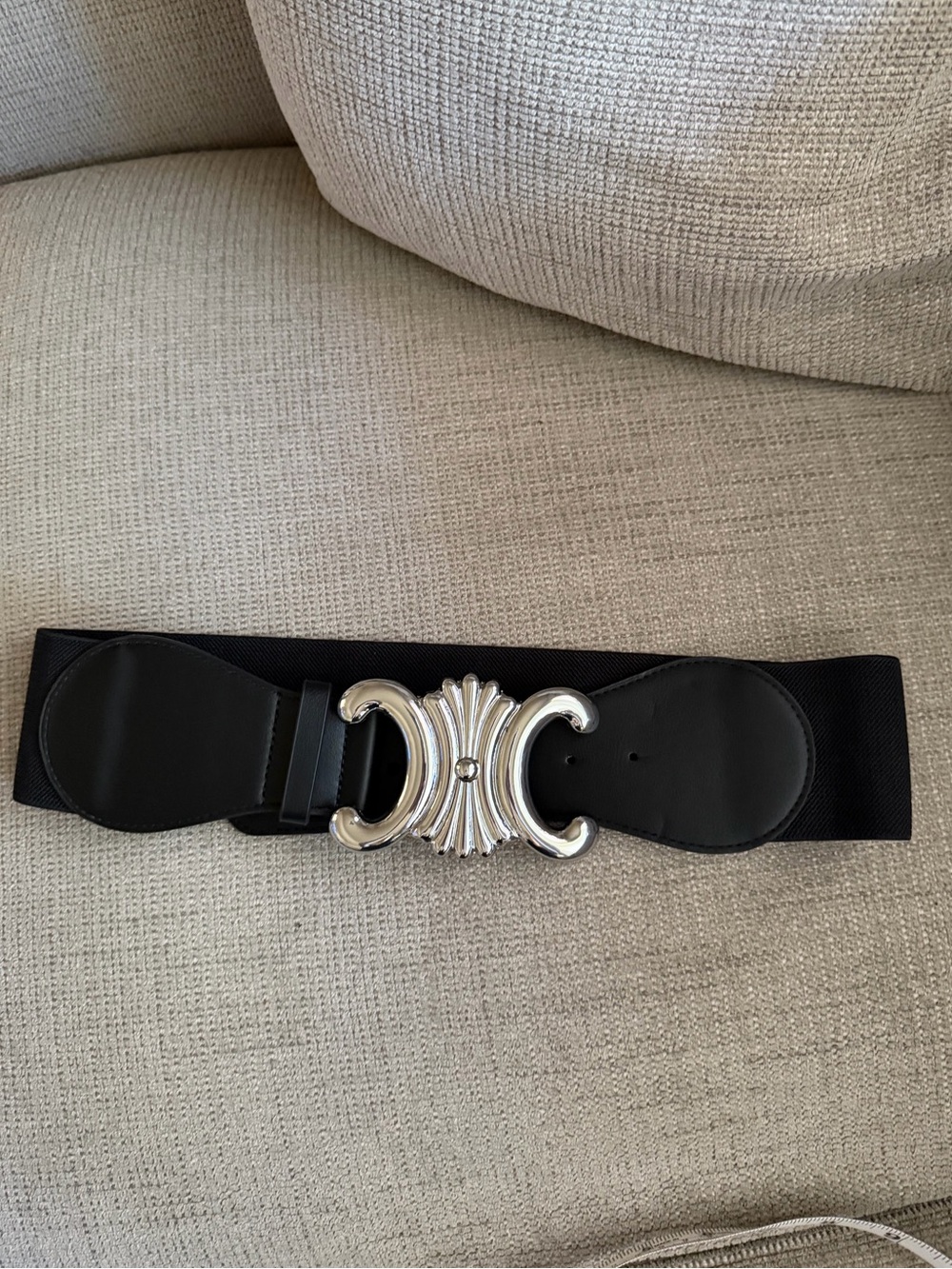 Black Elastic Waist Belt with Decorative Silver Scroll Buckle